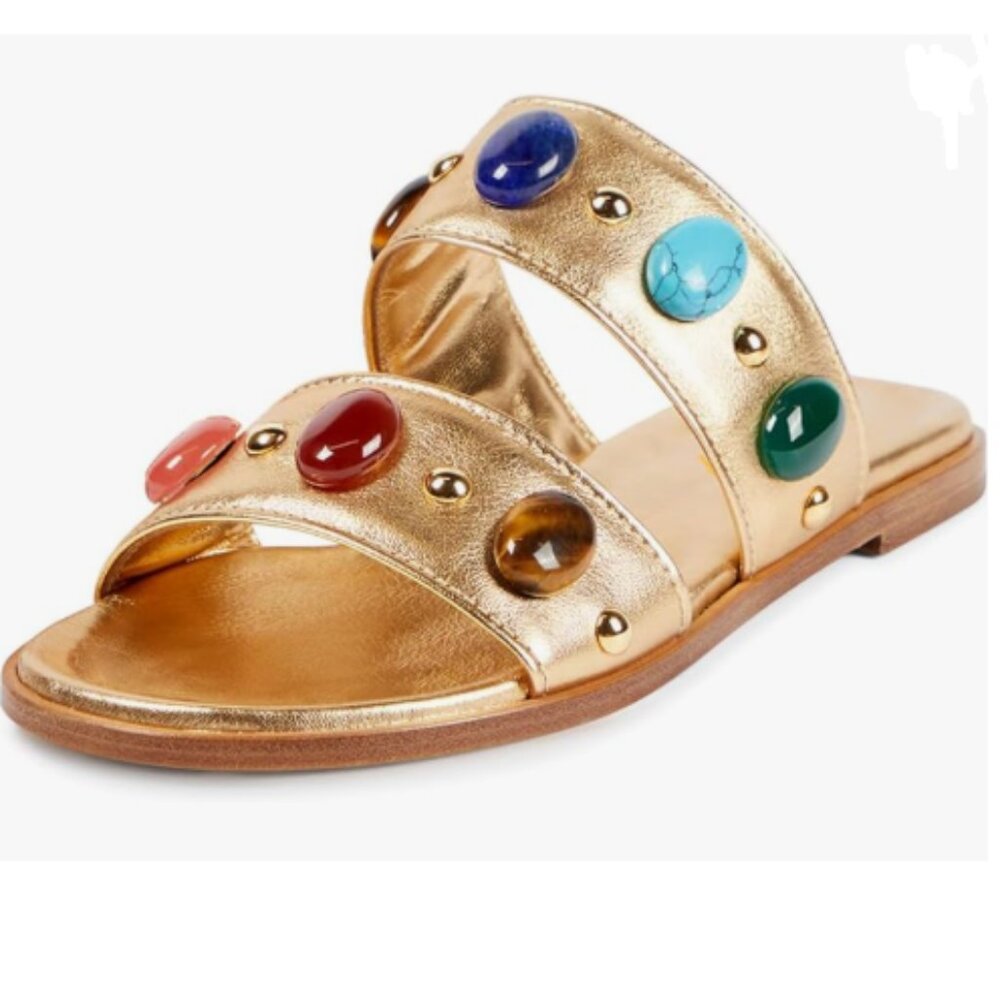 miss left Gold Jewelled Two Straps Open Toe Soft Insole Slip on Slide Sandals
